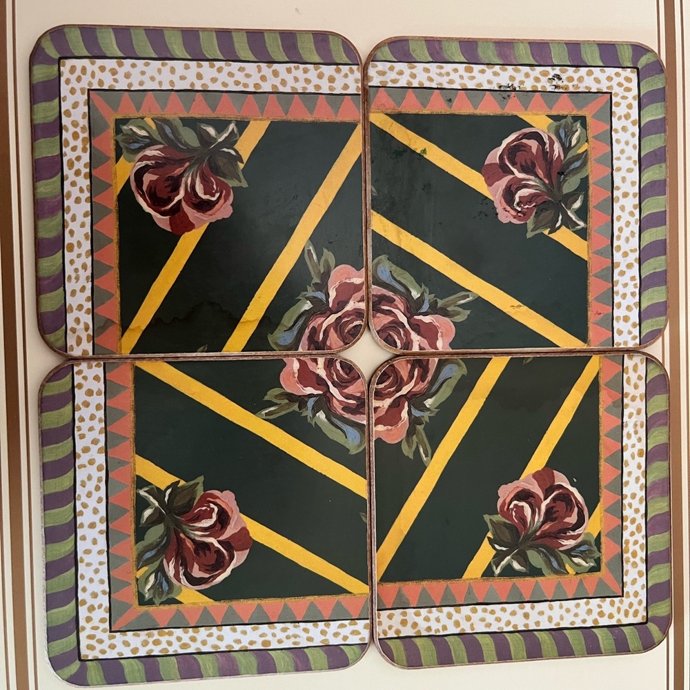 MacKenzie-Childs Pimpernel Floral and Striped Coasters (4) - Green, Yellow, Pink
